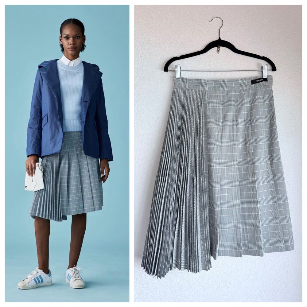 NEW we-ar4 Womens Asymmetric Pleated Plaid Knee Length Skirt in Soft Green Check